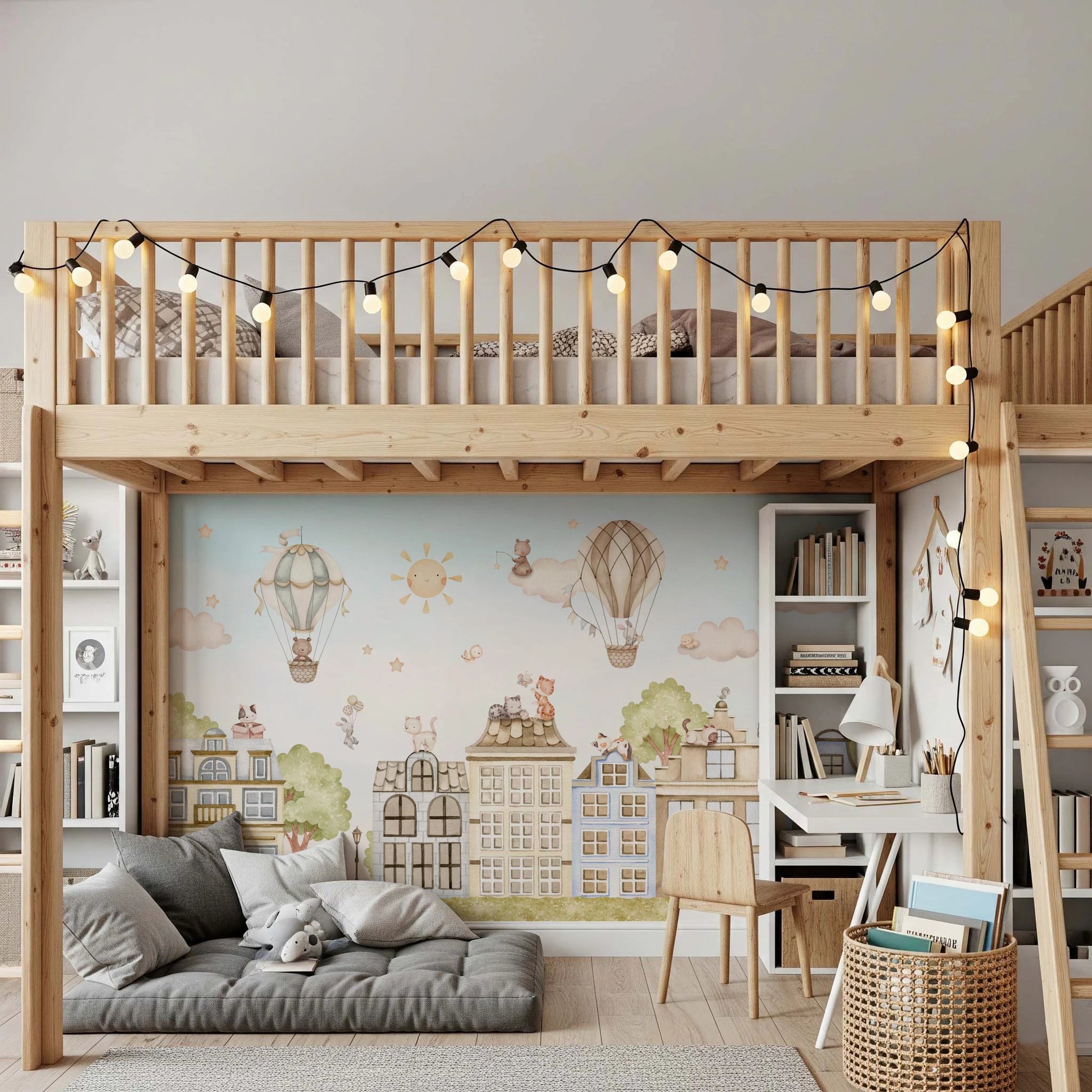 City Cats Wall Mural under a wooden loft bed with a desk area below.
