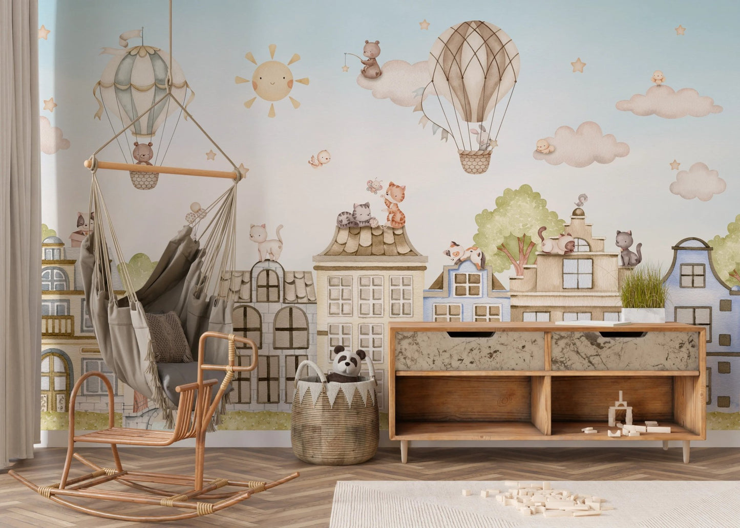 City Cats Wall Mural in a room with a wooden hanging chair and storage unit.