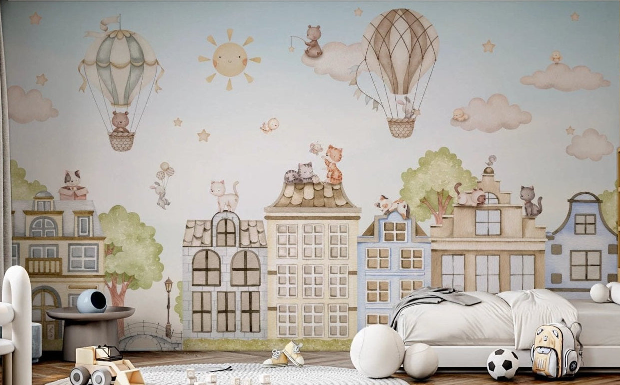 Large city landscape wall mural in a sunlit kids bedroom