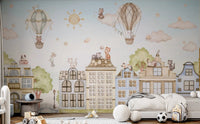 Large city landscape wall mural in a bedroom with a white circular rug.