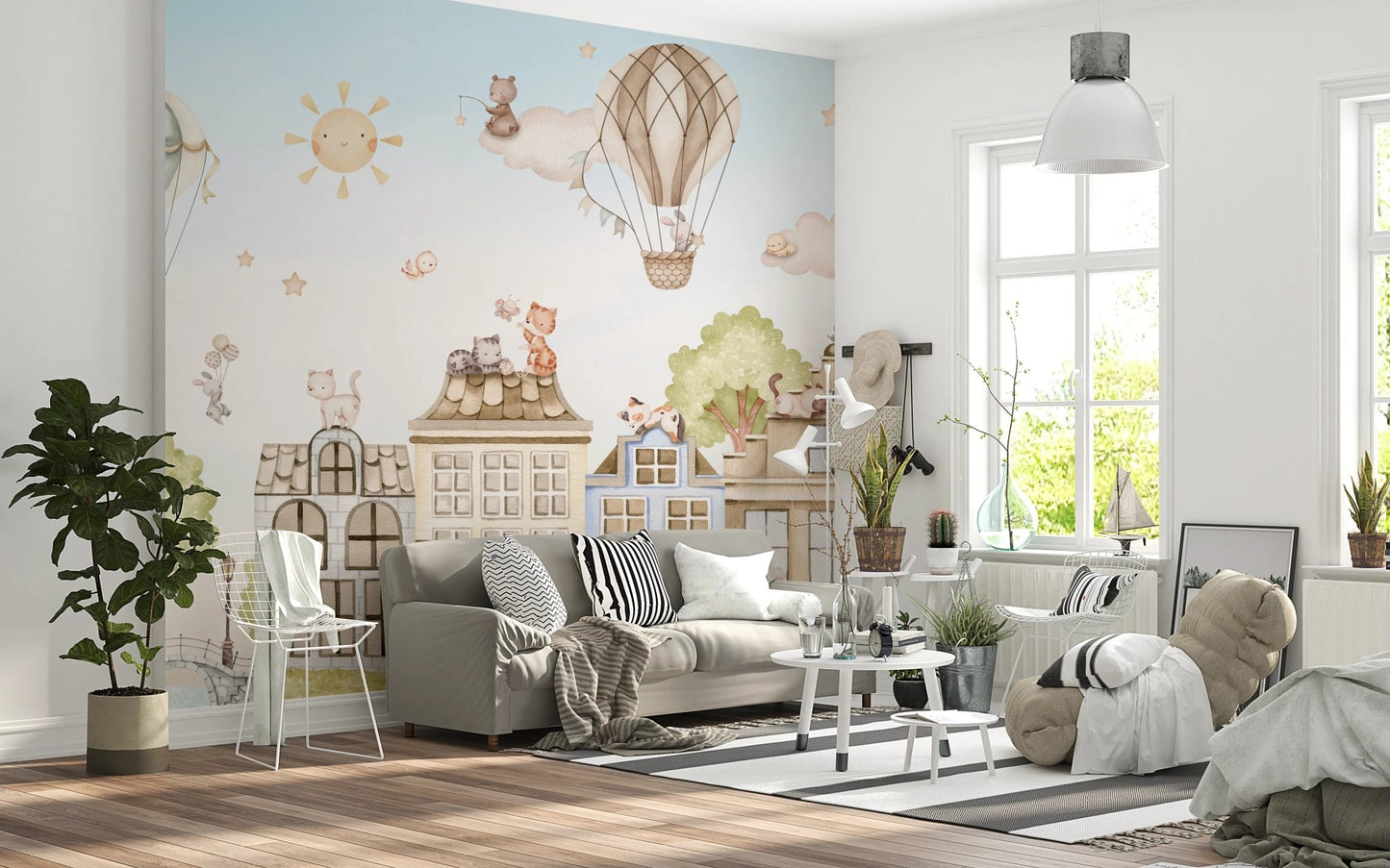 Blue sky wall mural featuring cats in hot air balloons and vintage buildings.