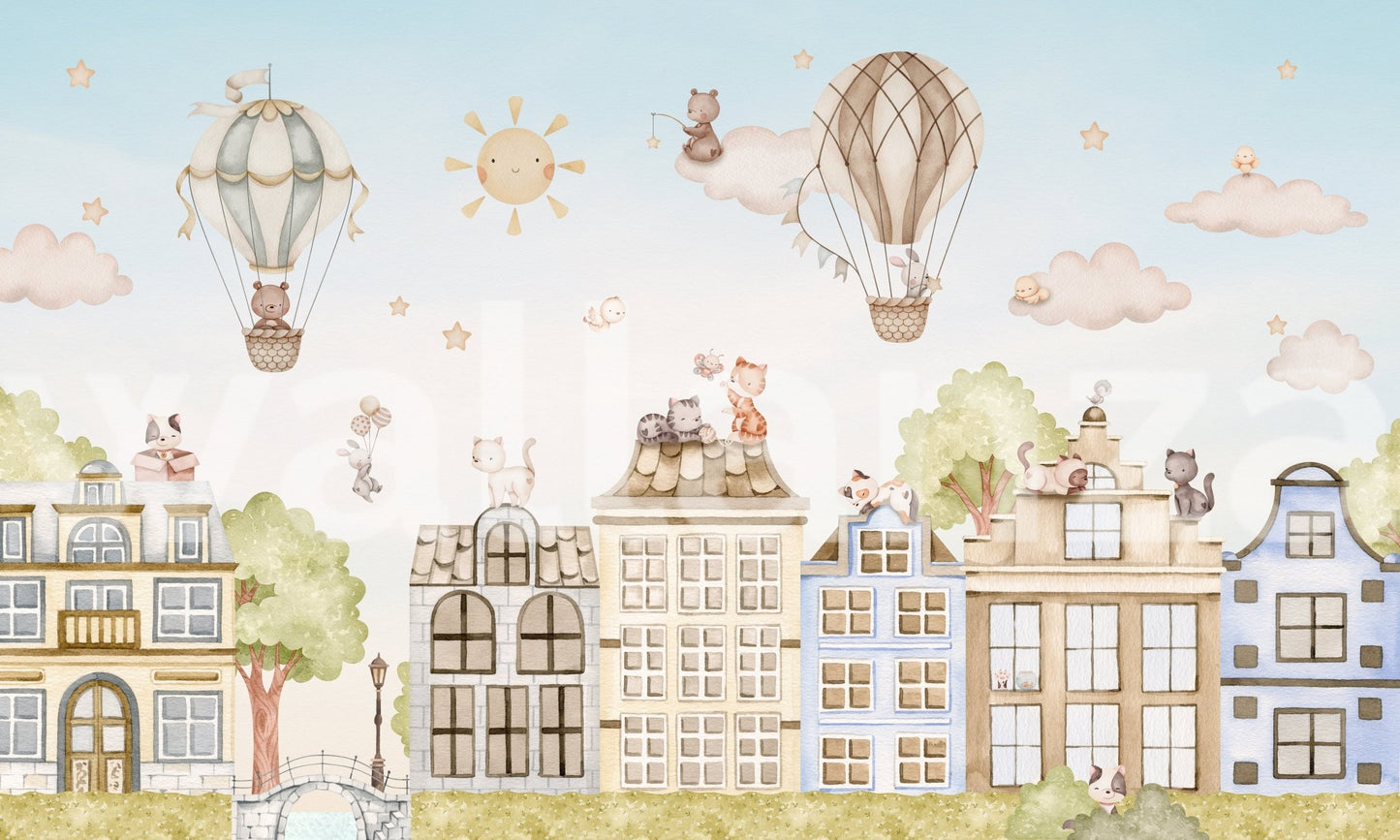 City Cats Wall Mural showing hot air balloons and kittens on a feature wall.