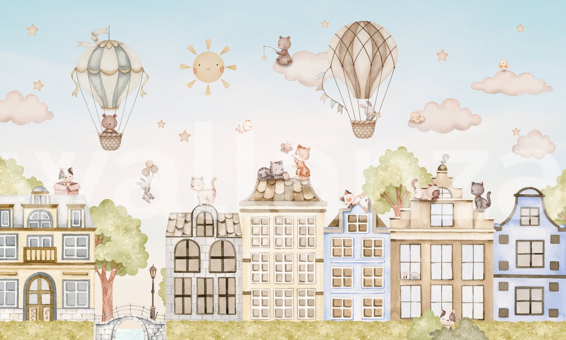 City Cats Wall Mural showing hot air balloons and kittens on a feature wall.