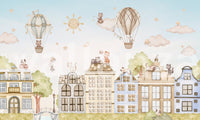 City Cats Wall Mural showing hot air balloons and kittens on a feature wall.
