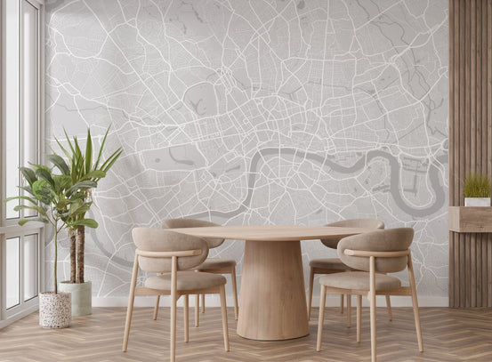 City lines aesthetic mural wallpaper with grey city map for dining room.