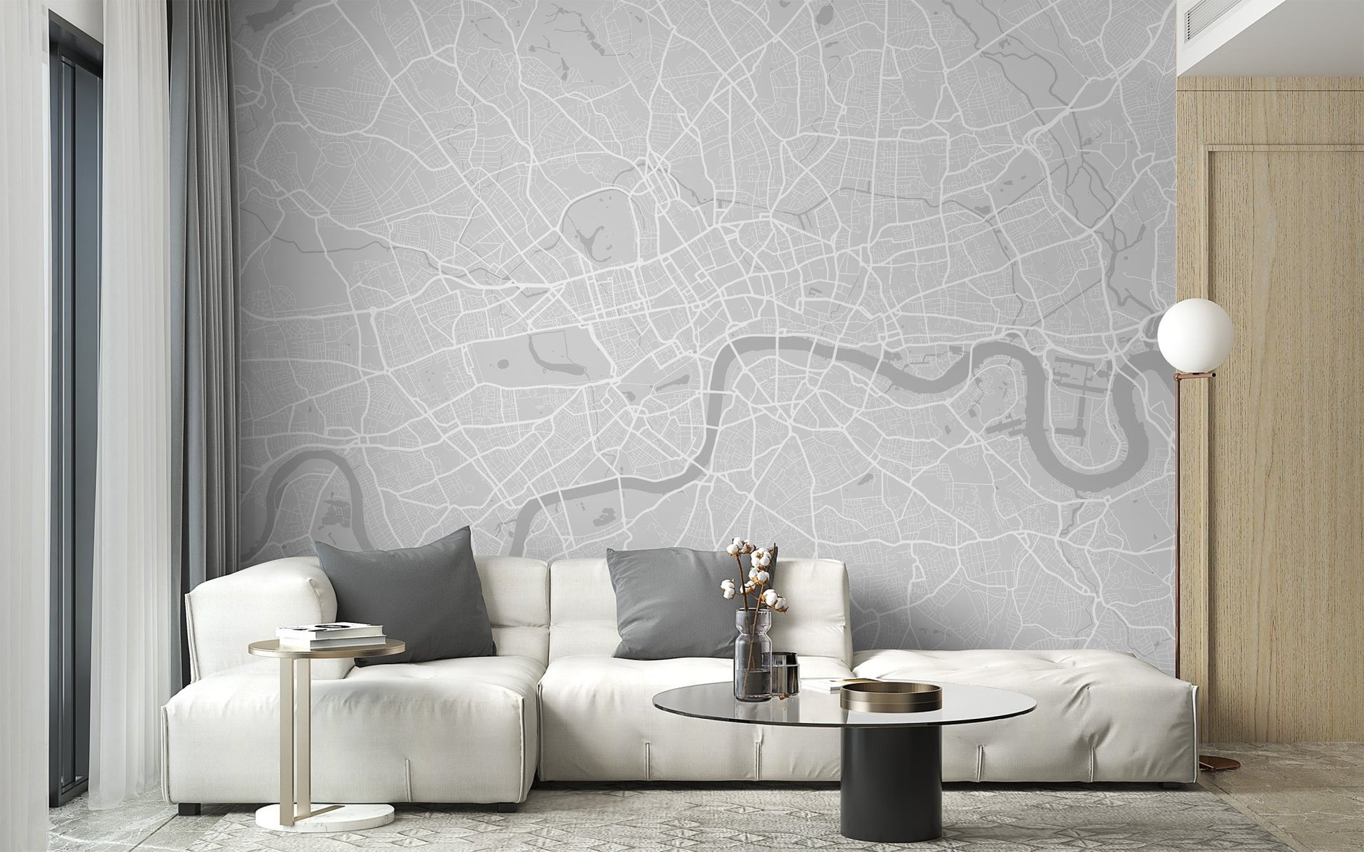 Abstract city lines mural for modern interiors
