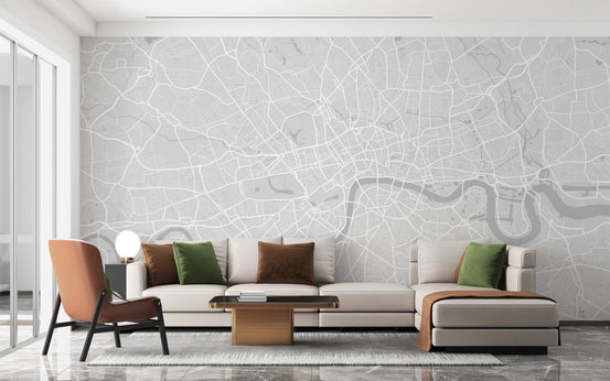 City map pattern wall mural with river outline for living area.