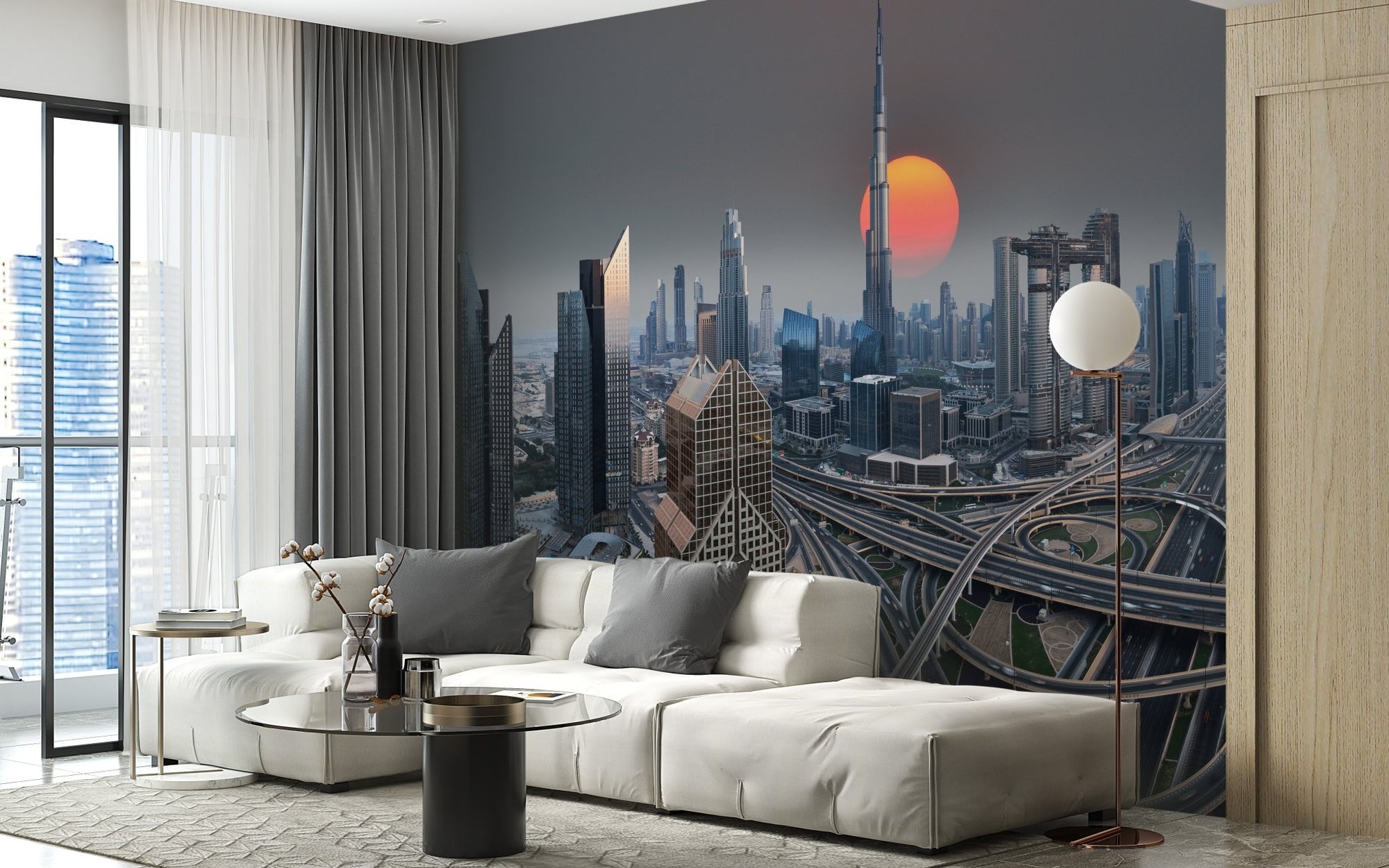 Modern living room with white sofa and City of Gold at Sunrise Wallpaper Murals.