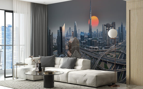 Modern living room with white sofa and City of Gold at Sunrise Wallpaper Murals.