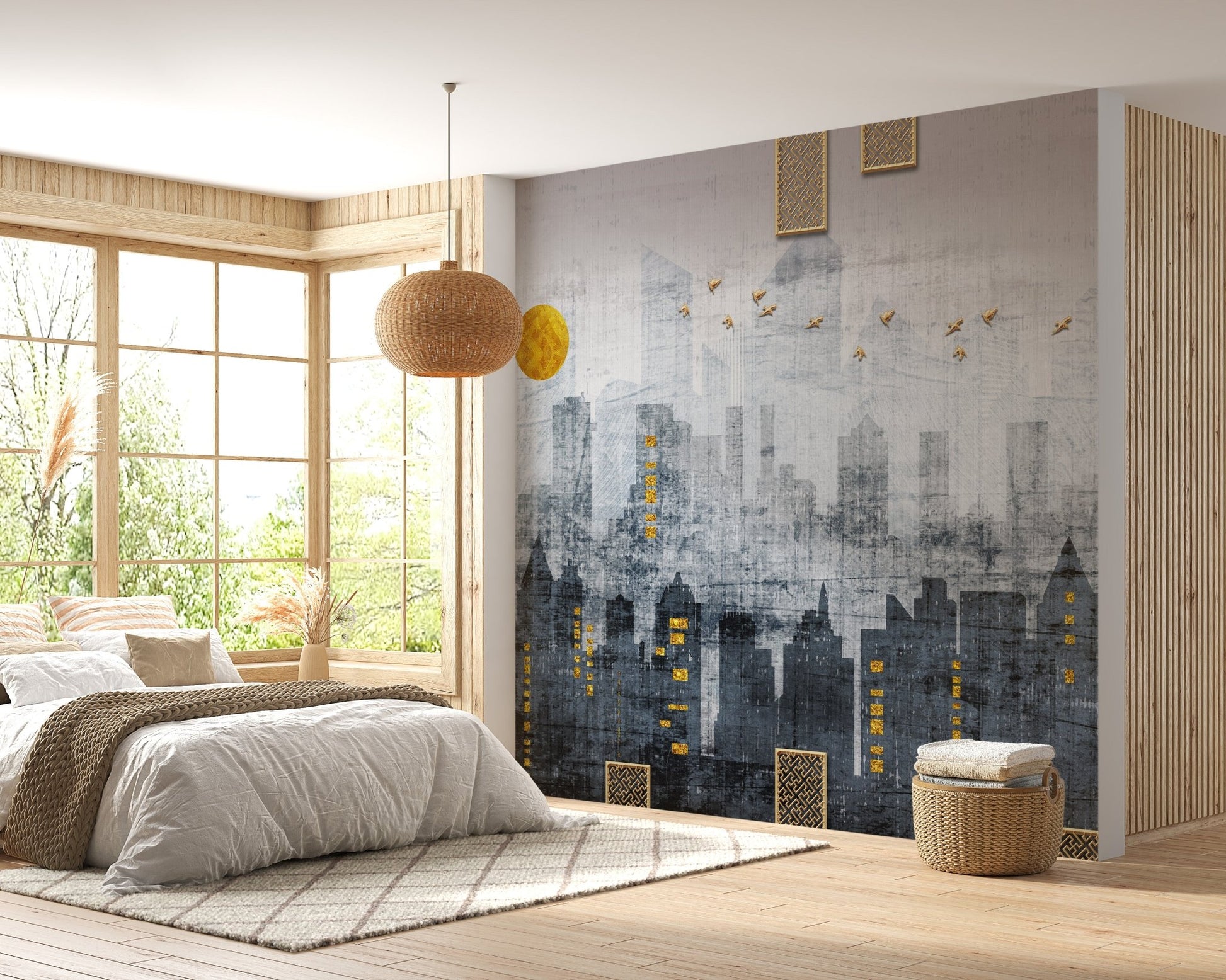 Urban city skyline wall mural in a bedroom with natural wood accents and large windows.
