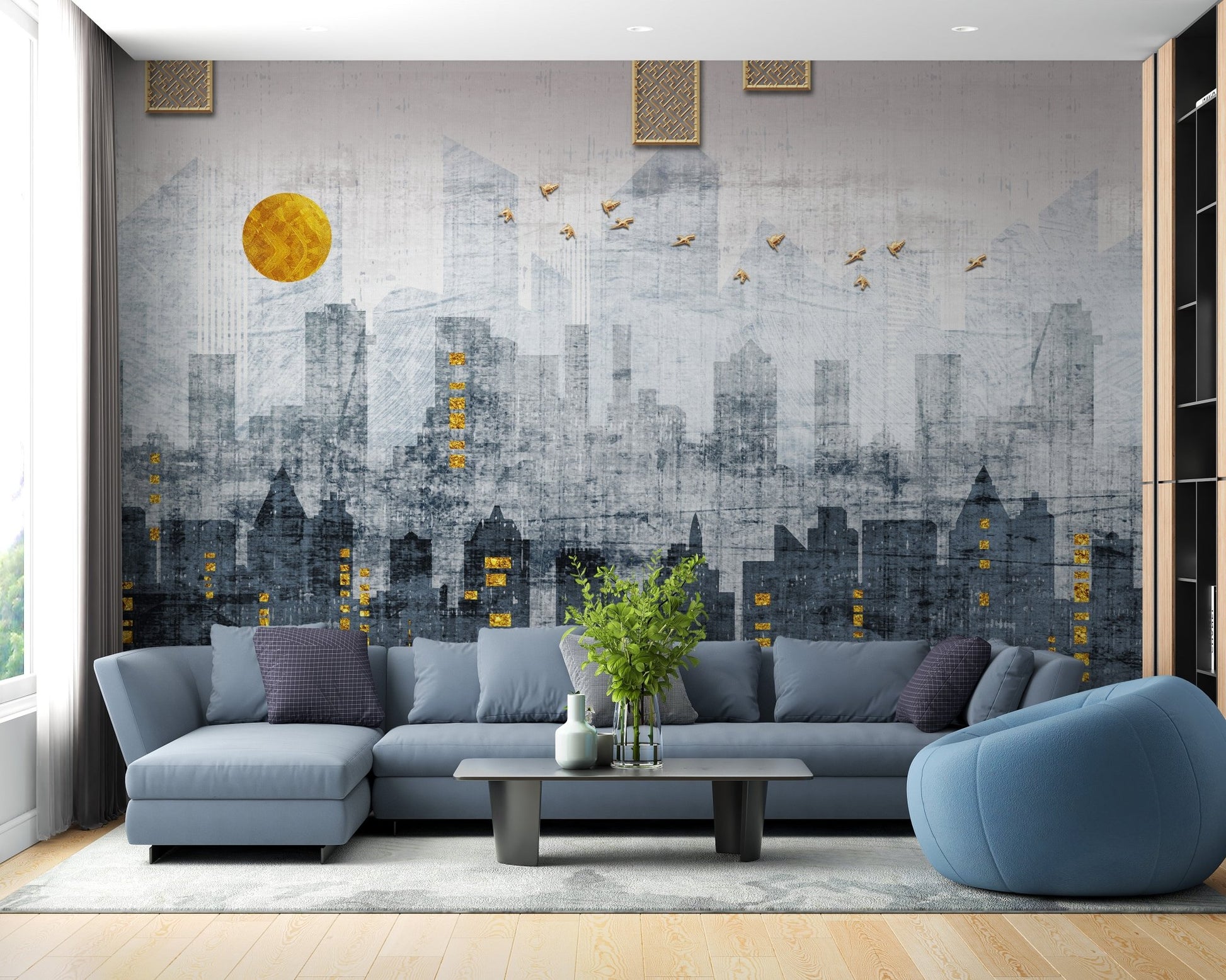 Blue and grey City Reflections Wall Murals behind a large L-shaped sofa.