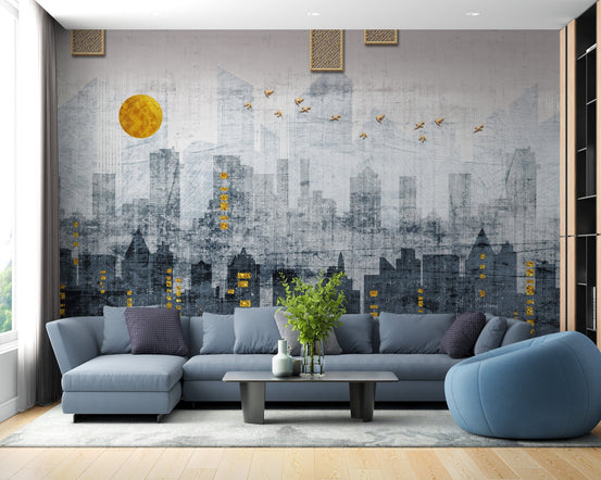 Blue and grey City Reflections Wall Murals behind a large L-shaped sofa.