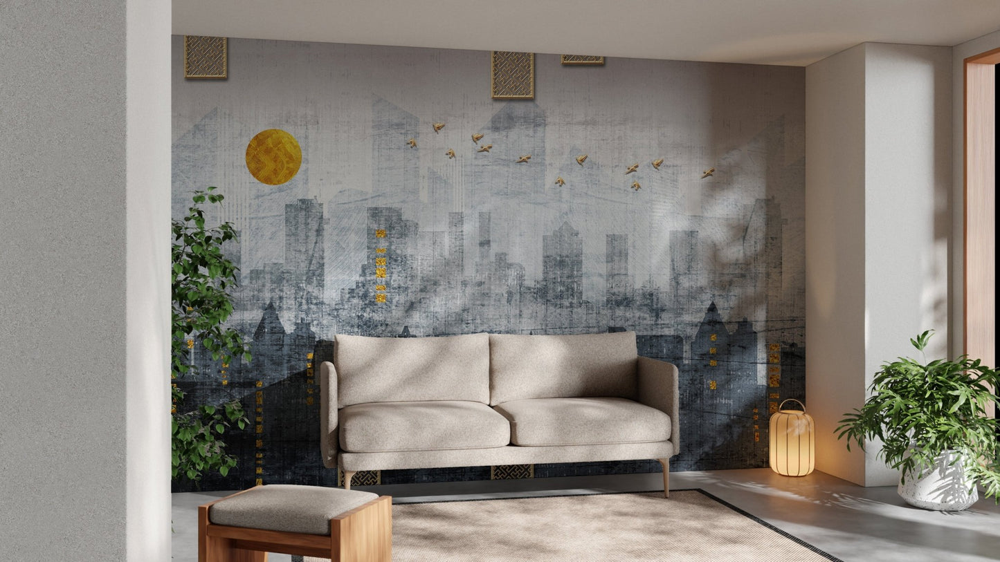 City Reflections Wall Mural with a yellow sun in a minimalist seating area.