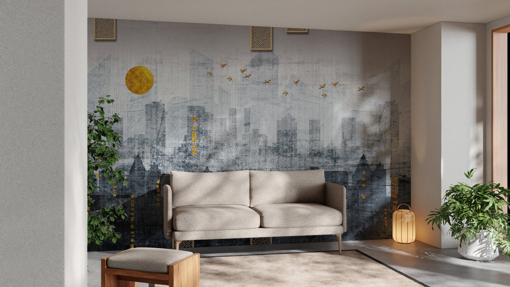 City Reflections Wall Mural with a yellow sun in a minimalist seating area.