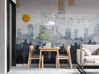 Skyline reflection wall mural behind a wooden dining table and chairs in a modern kitchen.