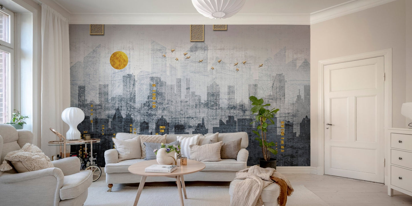 Urban city wall mural in a bright living area with white furniture and green plants.