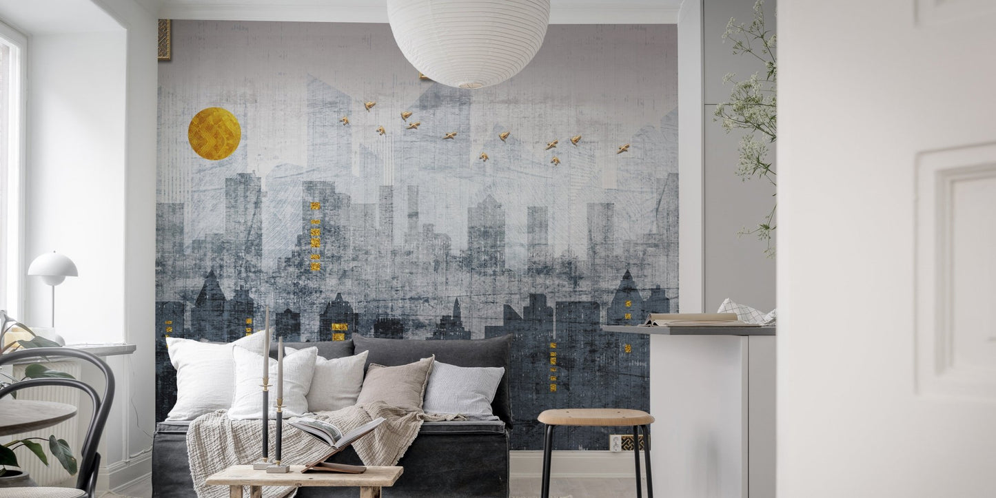 City Reflections Wall Murals featuring a grey skyline behind a dark sofa.