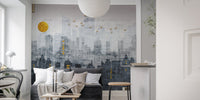 City Reflections Wall Murals featuring a grey skyline behind a dark sofa.