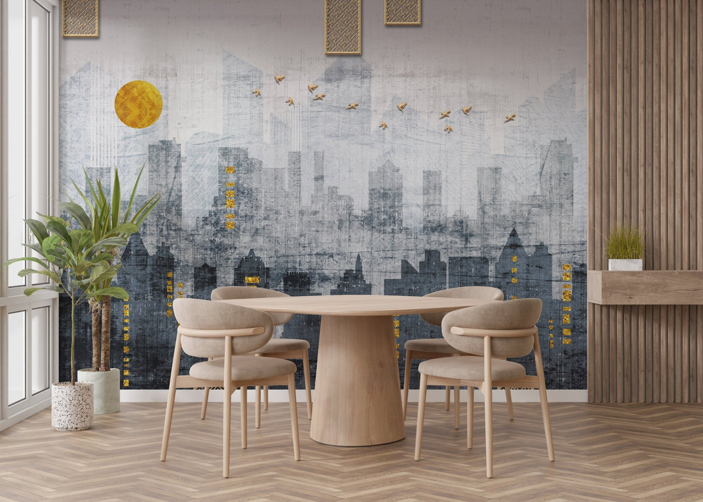 Abstract city wall mural in a dining room with light wood furniture.