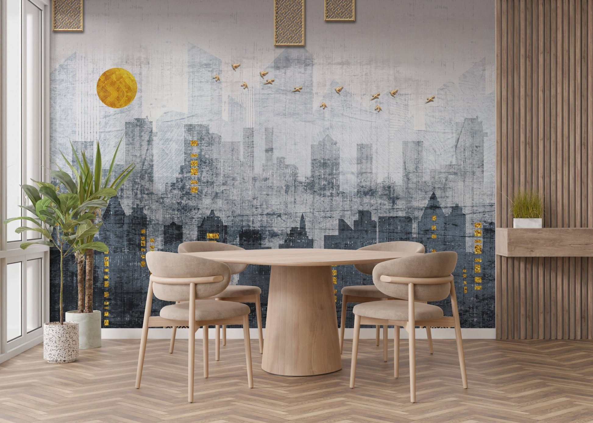 Abstract city wall mural in a dining room with light wood furniture.