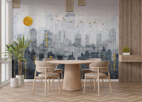 Abstract city wall mural in a dining room with light wood furniture.