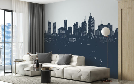 Features a sunset city skyline panoramic wall mural for living area.