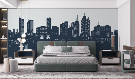 Shows a black and white bridge vinyl wall mural for bedroom interior.