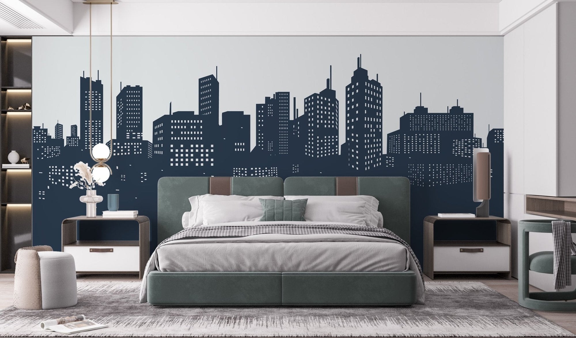Shows a black and white bridge vinyl wall mural for bedroom interior.