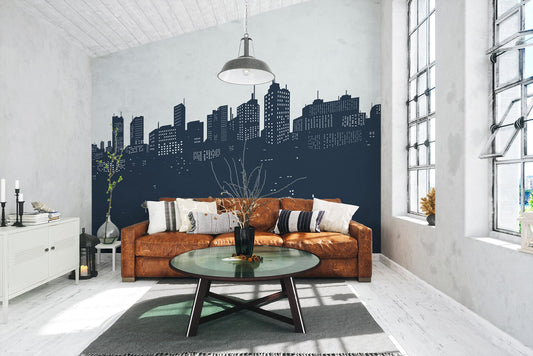 Features a bright sunset silhouette wall mural.