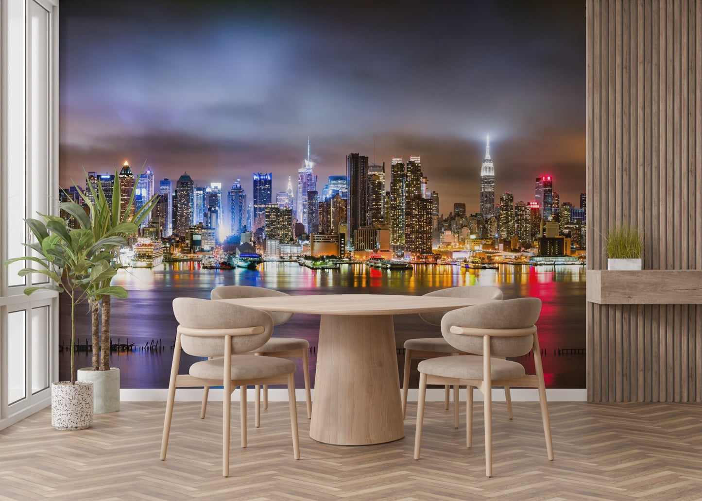 City that Never Sleeps New York Mural in a dining area with a round table.