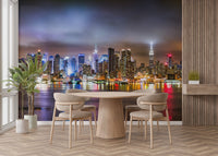 City that Never Sleeps New York Mural in a dining area with a round table.