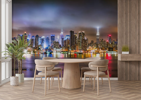 City that Never Sleeps New York Mural in a dining area with a round table.