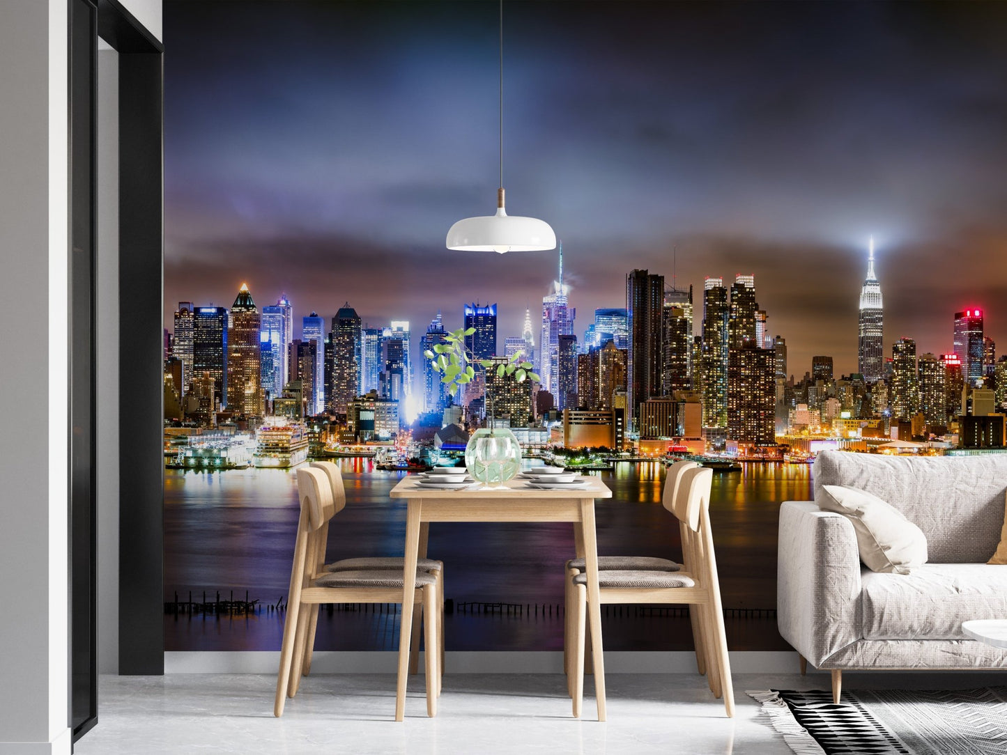City that Never Sleeps New York Mural in a modern dining room with wooden chairs.