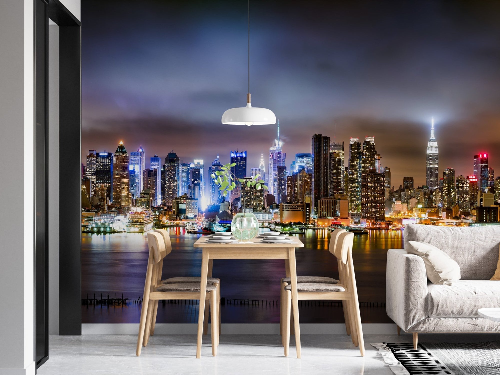 City that Never Sleeps New York Mural in a modern dining room with wooden chairs.