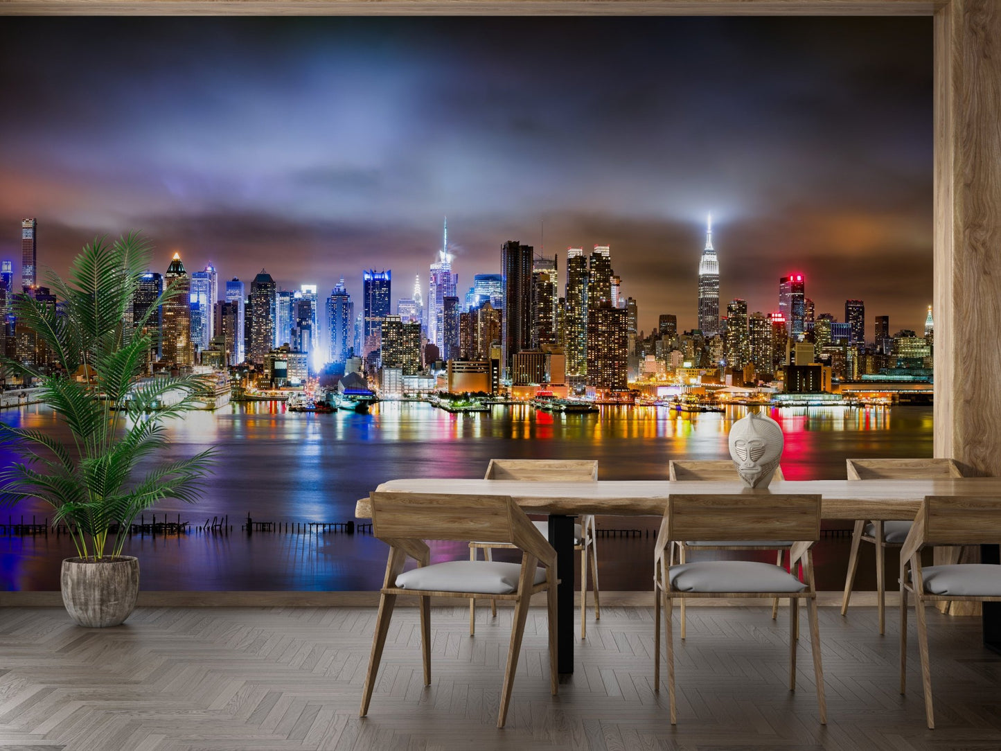 High-rise city building wall mural in a lounge area with natural light.