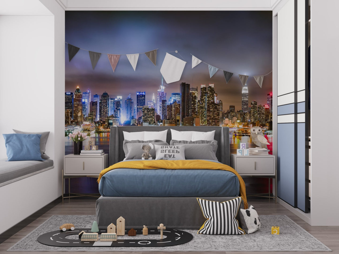 Vibrant New York skyline wall mural in a kids' bedroom with a blue bed.