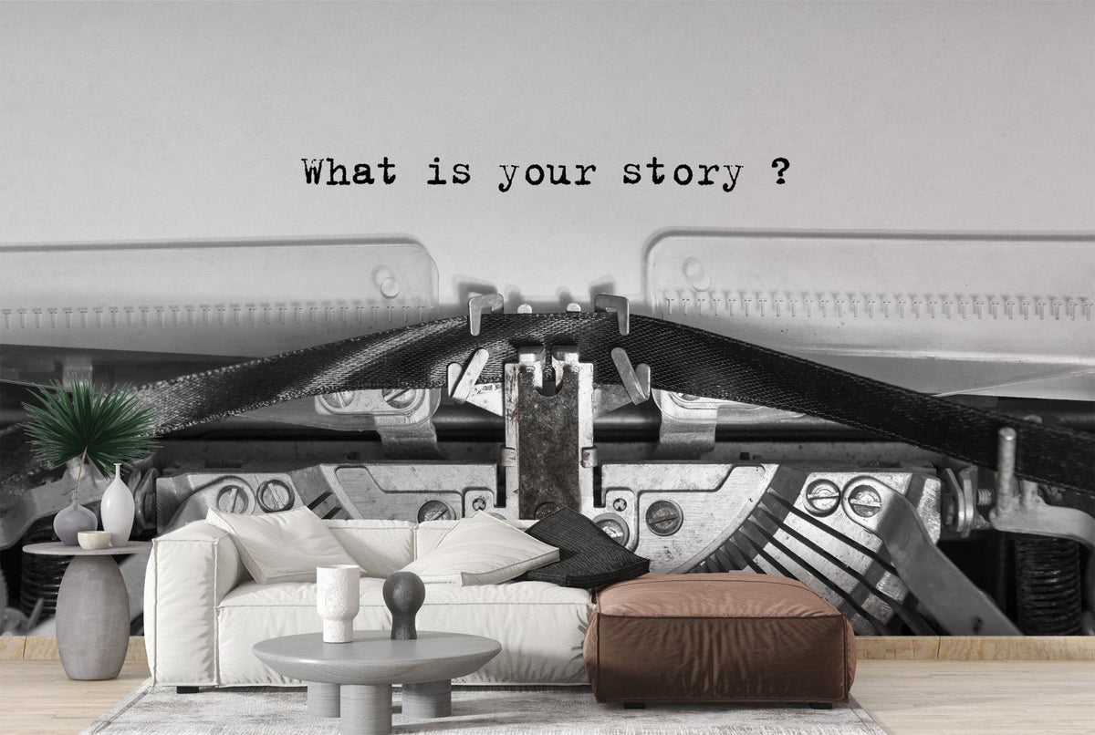 Classic typewriter quote wallpaper mural in black and white vintage style.