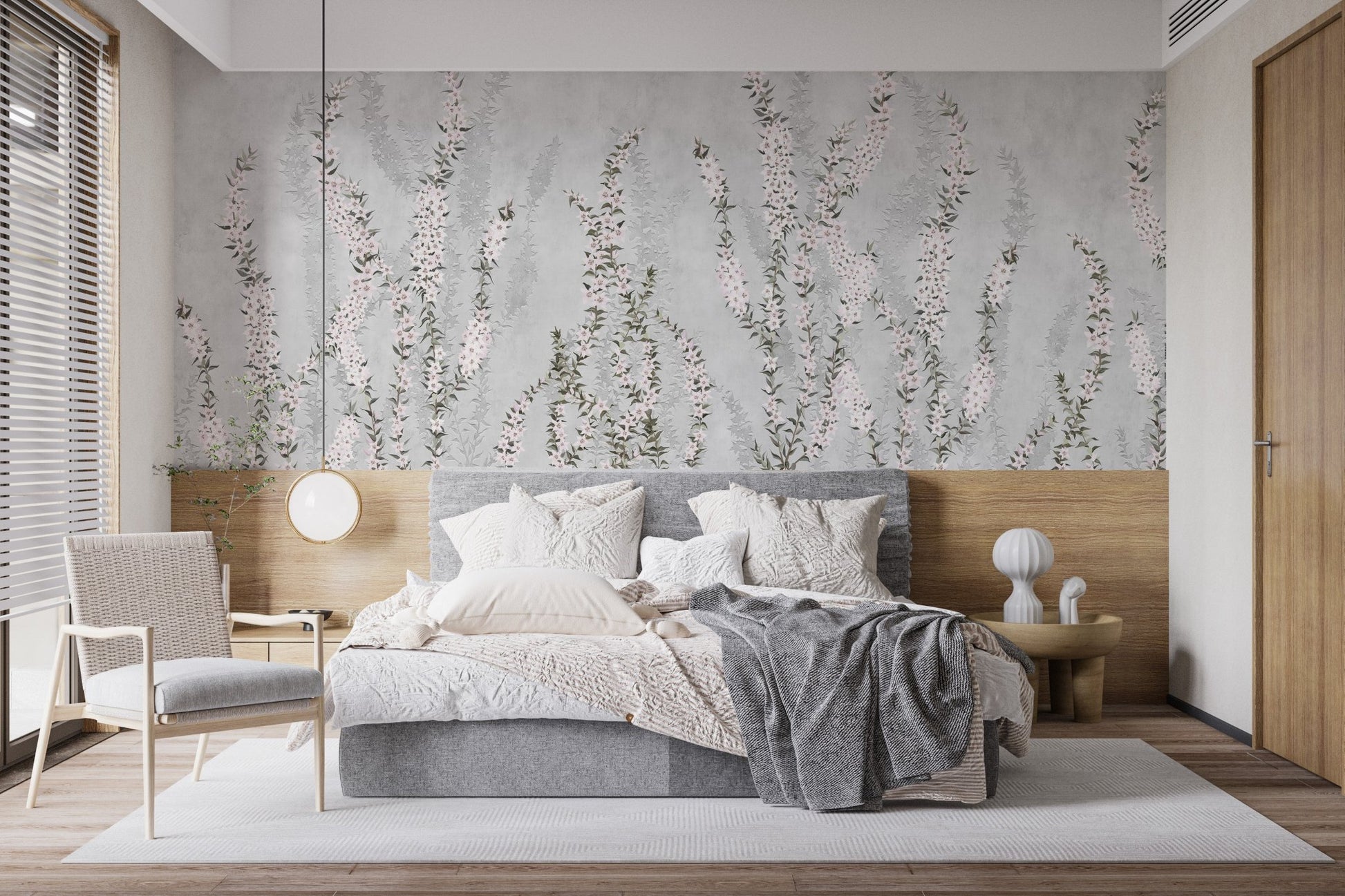 Minimalist bedroom featuring white bedding and floral mural on a grey wall.