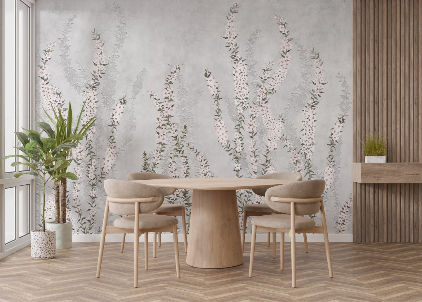 Climbing Floral Branches Wall Murals in dining room with wooden table and chairs.