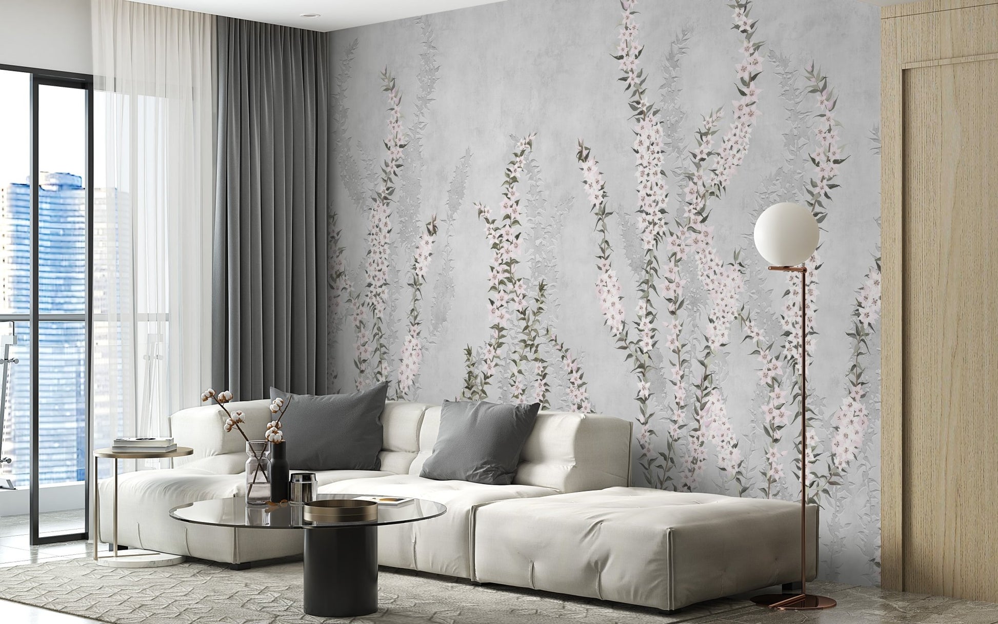 Living room with white sofa and Climbing Floral Branches Wall Mural.