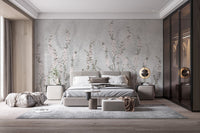 Guest bedroom with wooden furniture and vertical floral branch wall mural.