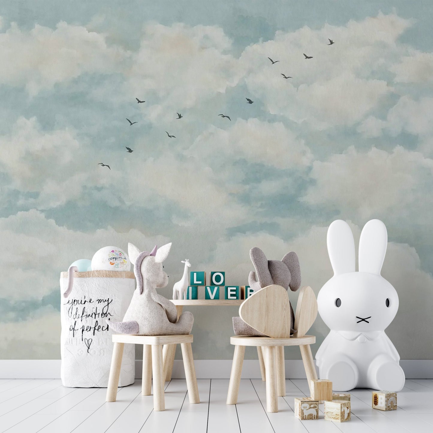 Elegant watercolor wall mural of a cloudscape for modern homes.