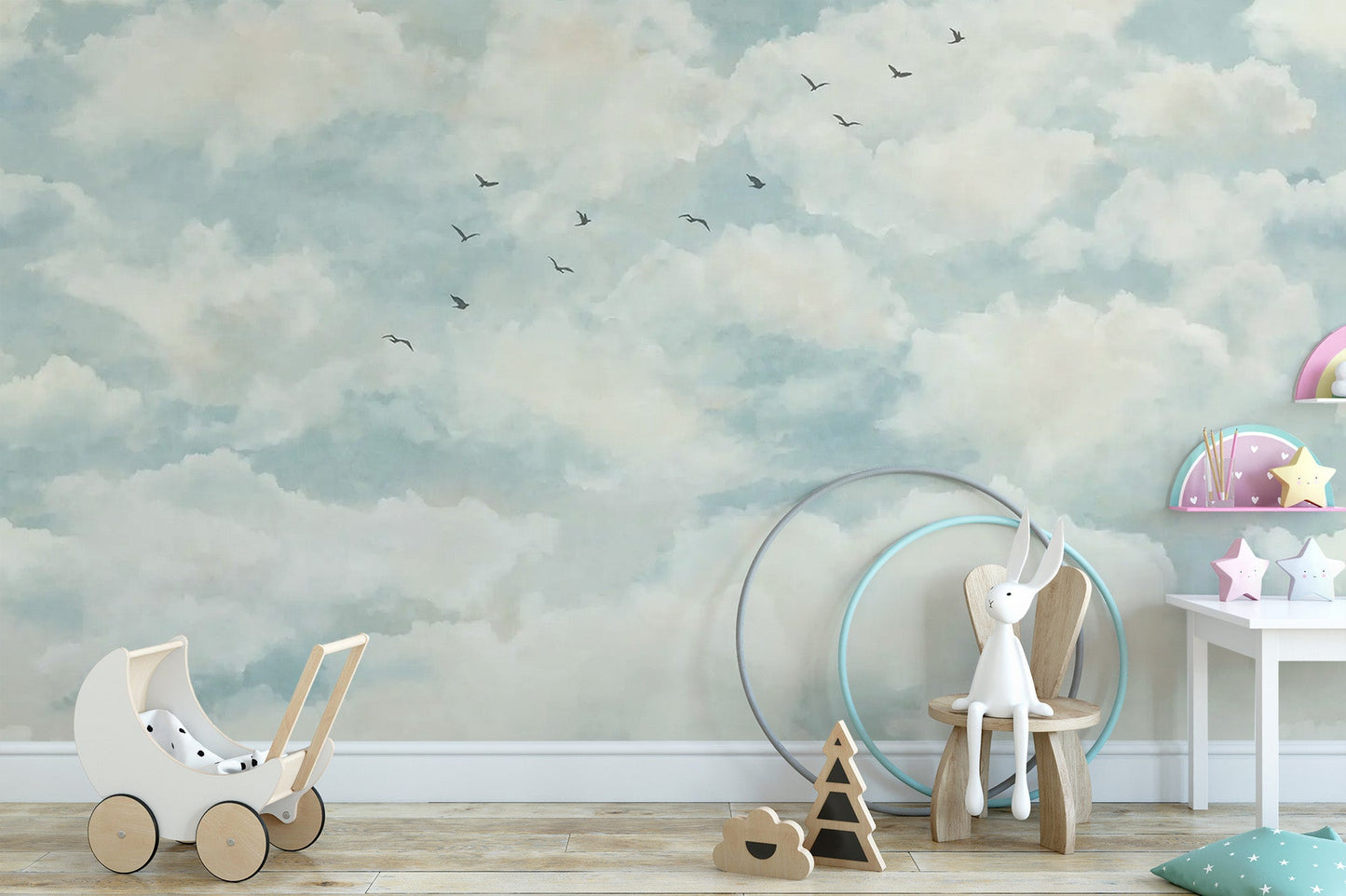 Whimsical cloud wallpaper mural with soaring bird patterns and soft light.