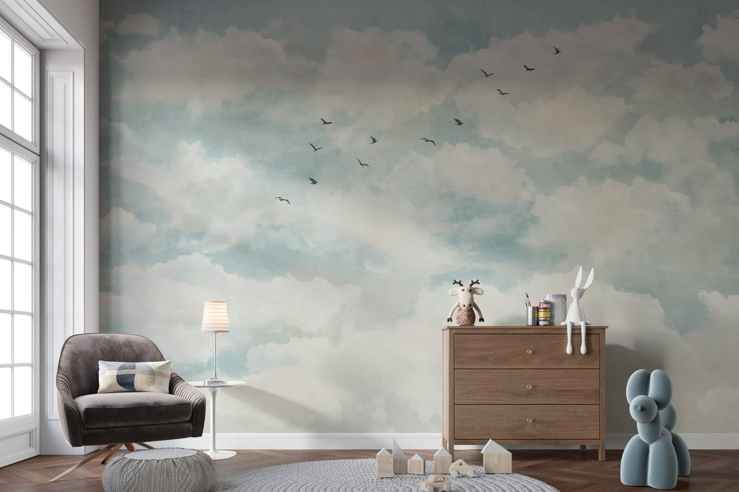 Cloud dancer wallpaper mural featuring soft white clouds and flying birds.