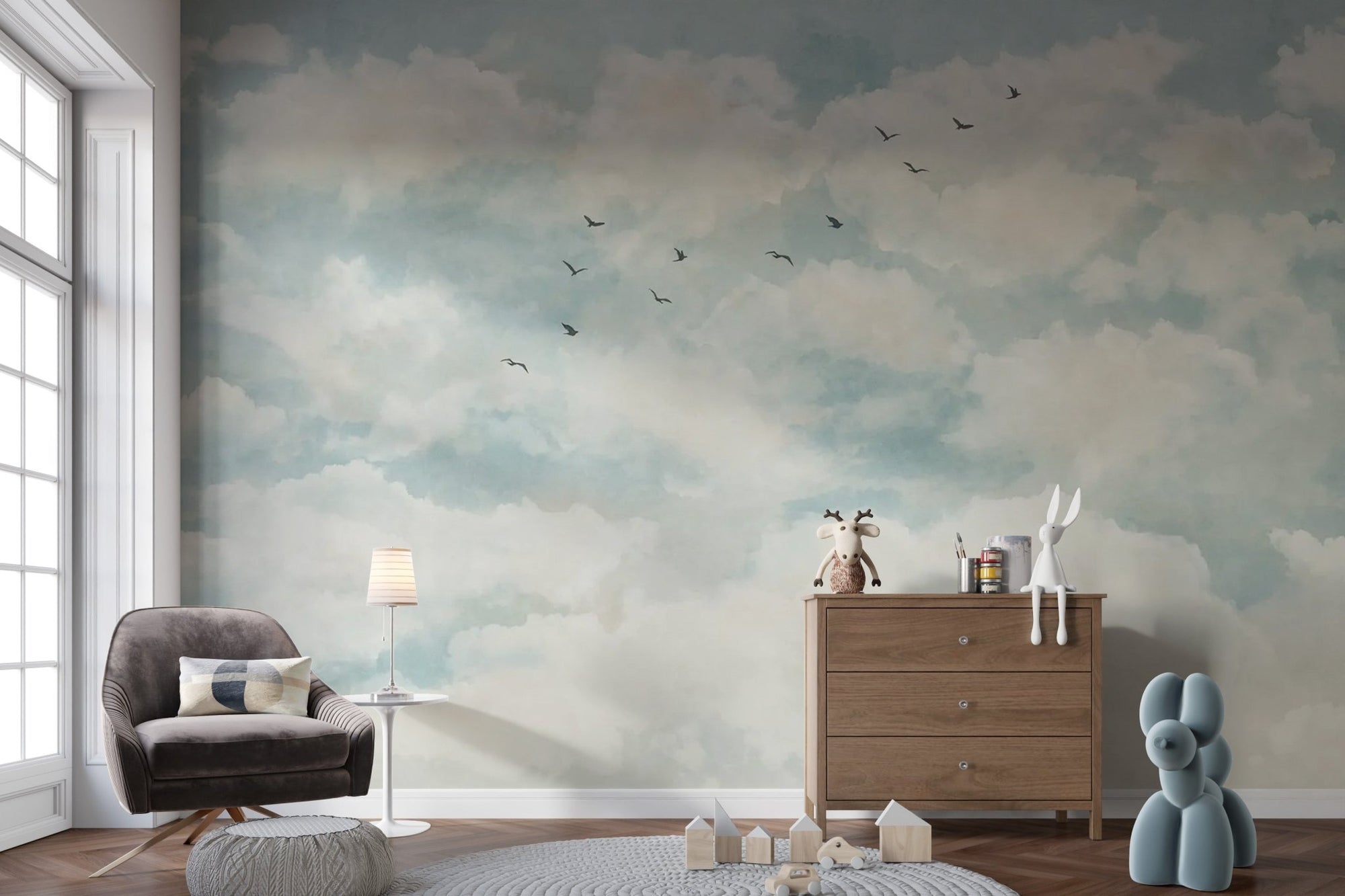 Cloud dancer wallpaper mural featuring soft white clouds and flying birds.