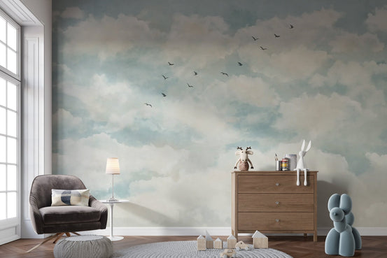 Cloud dancer wallpaper mural featuring soft white clouds and flying birds.