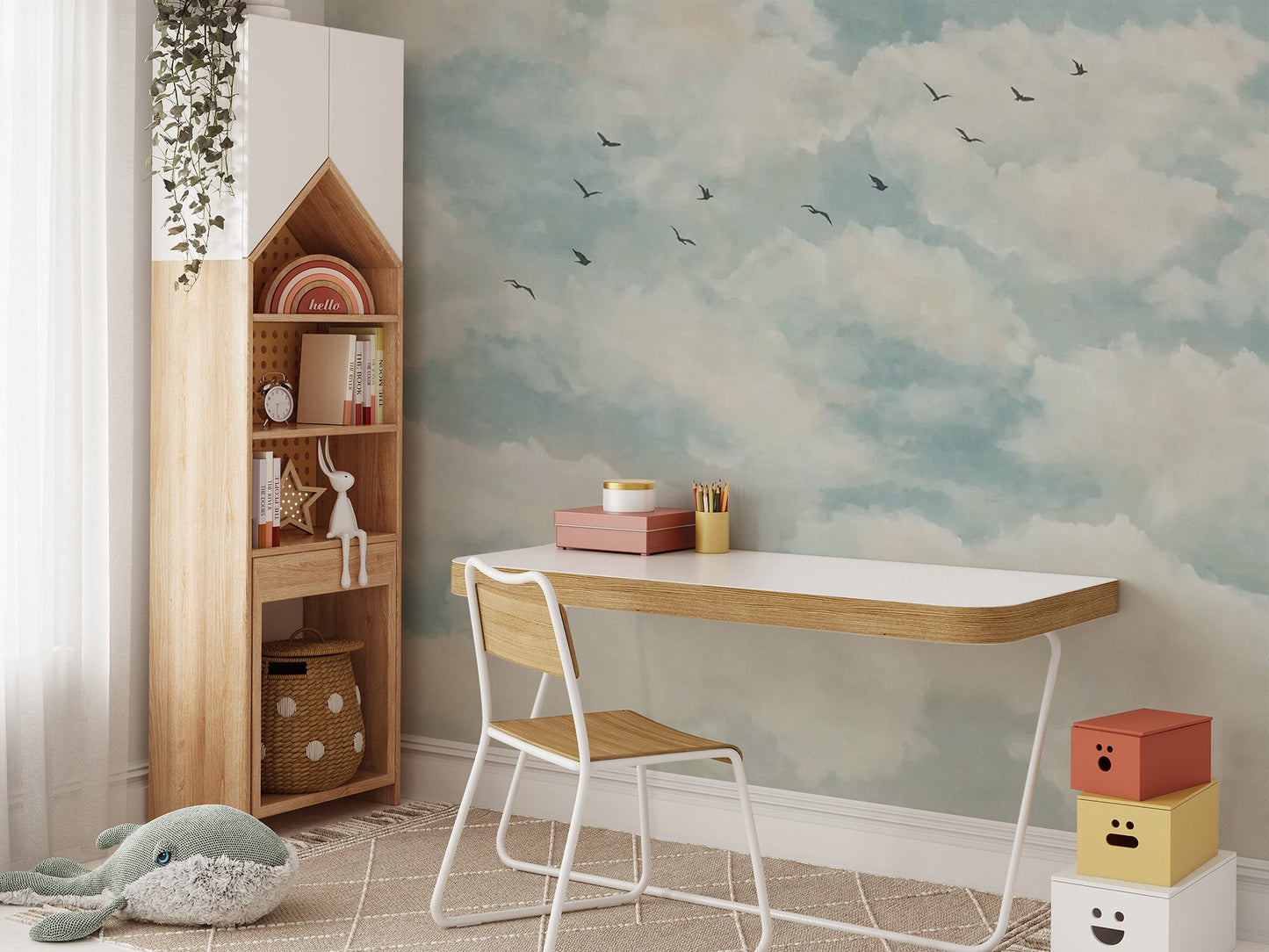 Detailed wall mural showing birds soaring through a cloudy summer sky.