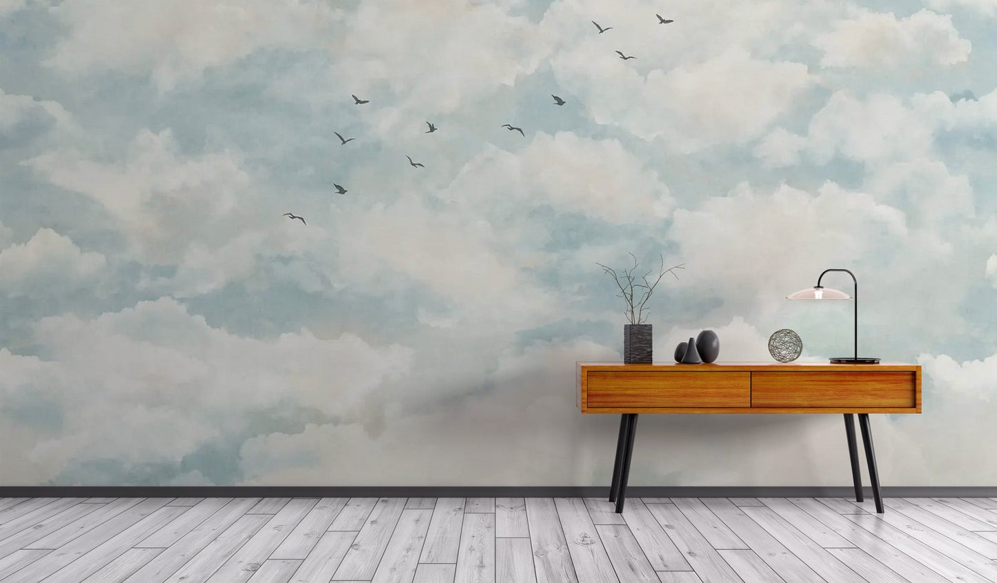 Dreamy cloud wallpaper mural with subtle blue and cream color tones.