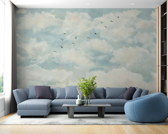 Light blue and white cloud wallpaper mural with natural movement.