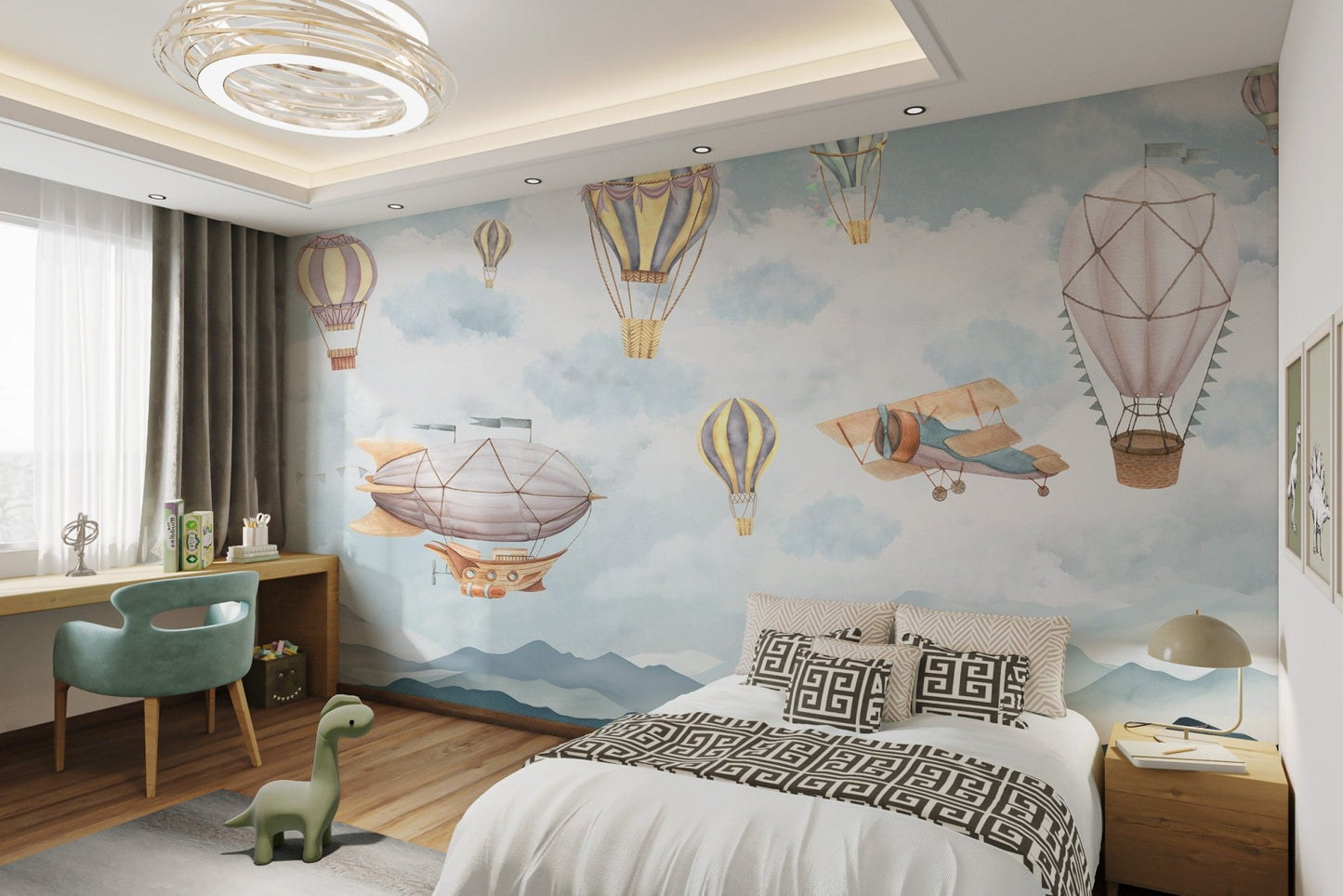 Yellow and grey striped hot air balloon wall mural for modern bedroom.